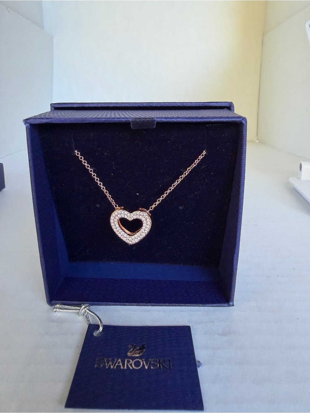 Swarovski Rose Gold Double Heart Pendant Necklace with Clear Crystals NWT - Picture 4 of 8